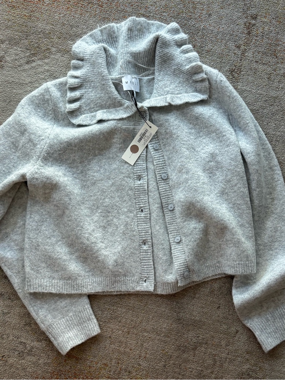 Mable Ruffled Collar Light Gray Button-Up Cardigan NWT | Back to School - Picture 2 of 6